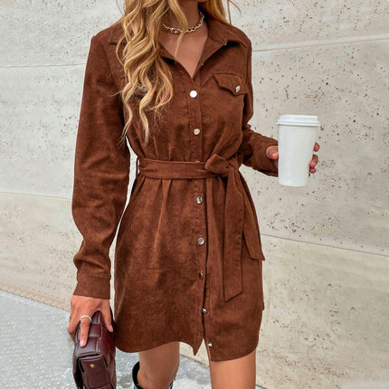 Women's Tie Waist Corduroy Button Down Mini Dress Long Sleeves Shirt Dresses