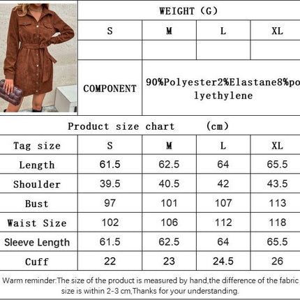 Women's Tie Waist Corduroy Button Down Mini Dress Long Sleeves Shirt Dresses