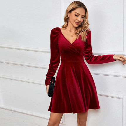 Womens Wrap V Neck Long Sleeve Velvet A Line Cocktail Party Swing Flare Skater Mini Dress