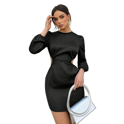 Women's Crew Neck Sexy Long Sleeve Cutout Mini Dress Bodycon Party Short Dress