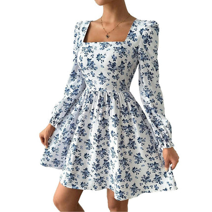 Women's Long Sleeve Tie Back Dress Ruffled Square Neck A-Line Vintage Mini Dress