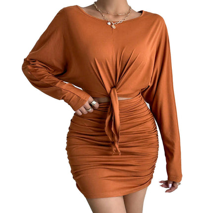 Women's Ruched Bodycon Mini Dresses Crew Neck Long Sleeves Tie Waist Cutout Short Dress