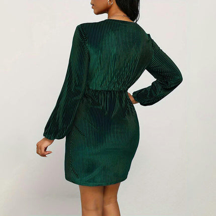 Womens Velvet V Neck Long Sleeve Bodycon Ruched Short Dress Cocktail Party Mini Dress