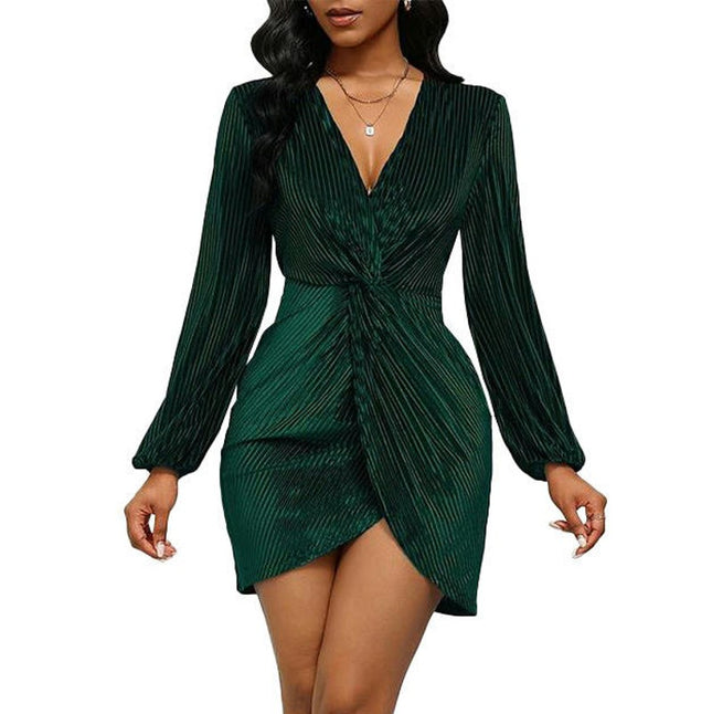 Womens Velvet V Neck Long Sleeve Bodycon Ruched Short Dress Cocktail Party Mini Dress