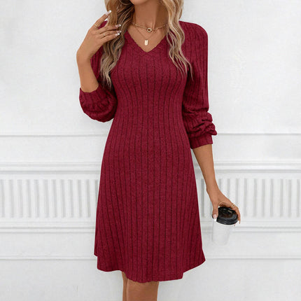 Women's Fall Slim Fit Ribbed knit Dress Long Sleeve V Neck Midi Dresses