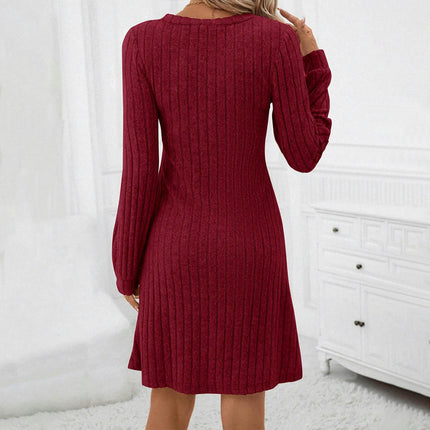 Women's Fall Slim Fit Ribbed knit Dress Long Sleeve V Neck Midi Dresses