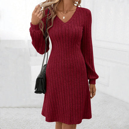 Women's Fall Slim Fit Ribbed knit Dress Long Sleeve V Neck Midi Dresses