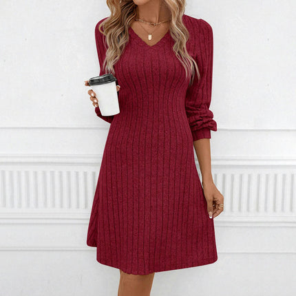 Women's Fall Slim Fit Ribbed knit Dress Long Sleeve V Neck Midi Dresses