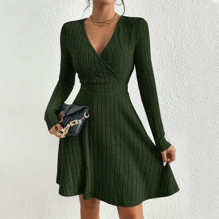 Women's knit V Neck Long Sleeve Mini Dress A Line Swing Fitted Short Dresses