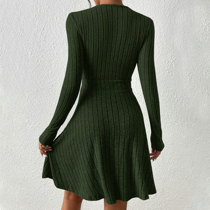 Women's knit V Neck Long Sleeve Mini Dress A Line Swing Fitted Short Dresses