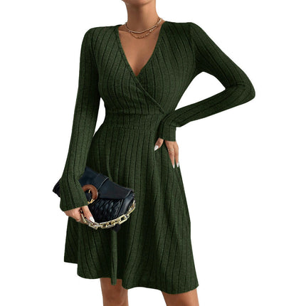 Women's knit V Neck Long Sleeve Mini Dress A Line Swing Fitted Short Dresses