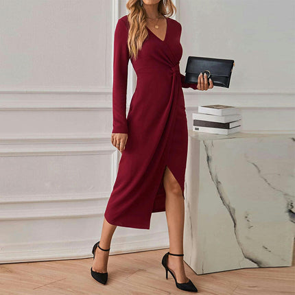 Women's Elegant V Neck Long Sleeve Ruched Bodycon Split Party Midi Dress