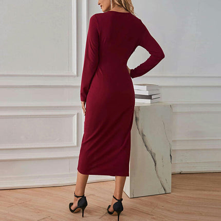 Women's Elegant V Neck Long Sleeve Ruched Bodycon Split Party Midi Dress