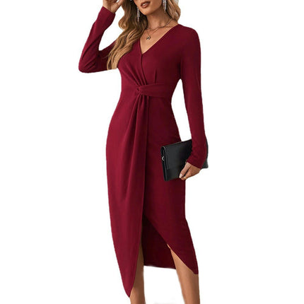 Women's Elegant V Neck Long Sleeve Ruched Bodycon Split Party Midi Dress