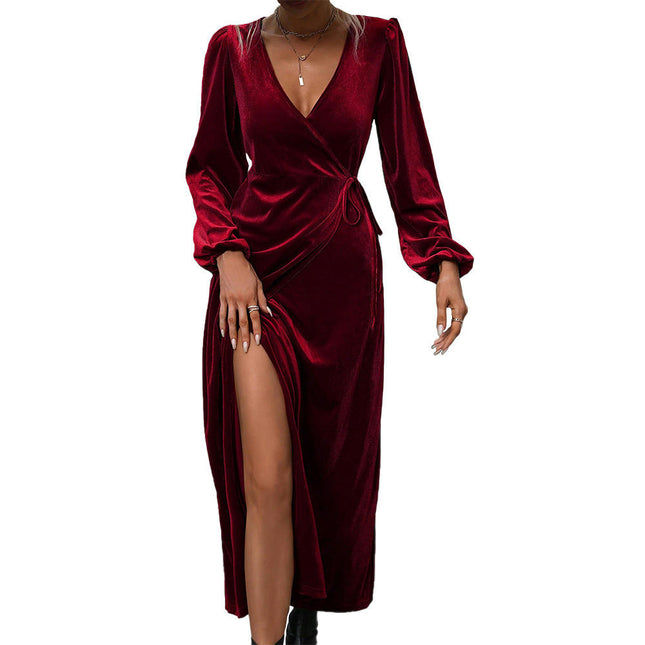 Women's Long Sleeve V-Neck Dresses with Slit Maxi Velvet for Wedding Formal Party Gowns