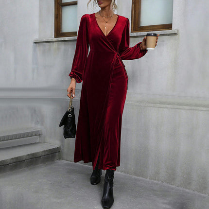 Women's Long Sleeve V-Neck Dresses with Slit Maxi Velvet for Wedding Formal Party Gowns