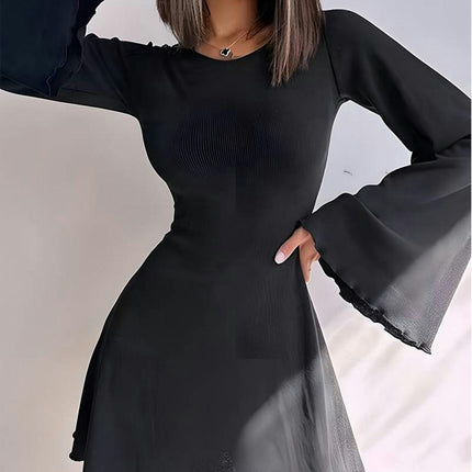 Women's Elegant Crew Neck Bell Long Sleeve Slim Fit Mini Dress A Line Swing Dresses