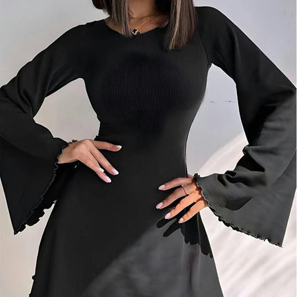 Women's Elegant Crew Neck Bell Long Sleeve Slim Fit Mini Dress A Line Swing Dresses