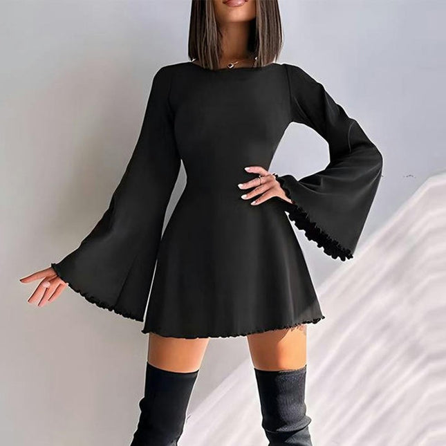 Women's Elegant Crew Neck Bell Long Sleeve Slim Fit Mini Dress A Line Swing Dresses