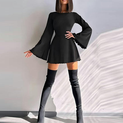 Women's Elegant Crew Neck Bell Long Sleeve Slim Fit Mini Dress A Line Swing Dresses