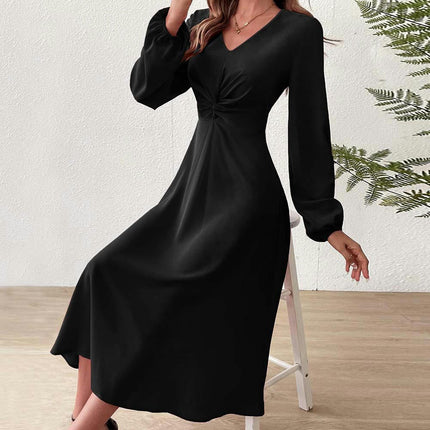 Womens V-Neck Twist Knot Long Sleeve Midi Maxi Dress A-Line Ruched Flowy Dress