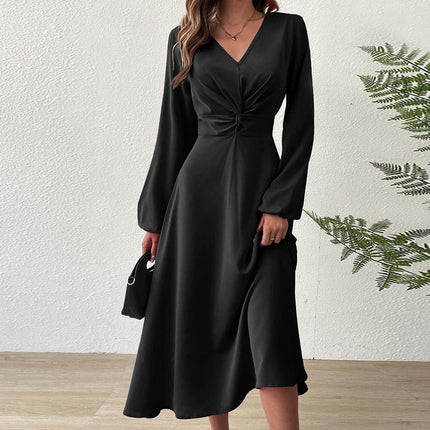 Womens V-Neck Twist Knot Long Sleeve Midi Maxi Dress A-Line Ruched Flowy Dress