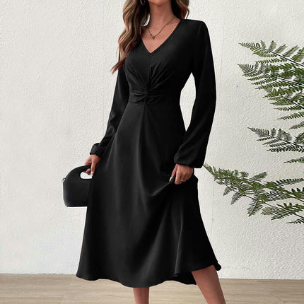 Womens V-Neck Twist Knot Long Sleeve Midi Maxi Dress A-Line Ruched Flowy Dress