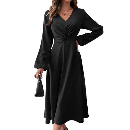 Womens V-Neck Twist Knot Long Sleeve Midi Maxi Dress A-Line Ruched Flowy Dress