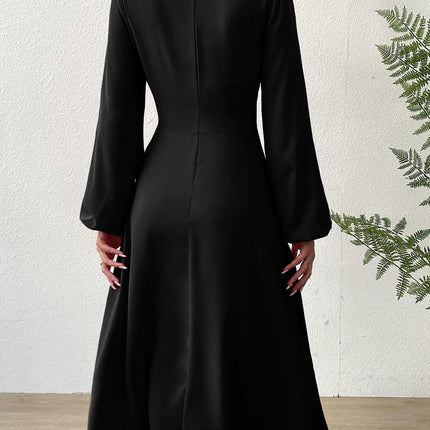 Womens V-Neck Twist Knot Long Sleeve Midi Maxi Dress A-Line Ruched Flowy Dress