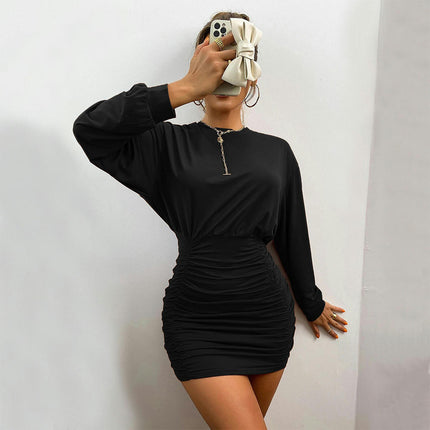 Womens Bodycon Mini Dresses Casual Long Sleeve Solid Color Ruched Casual Dress