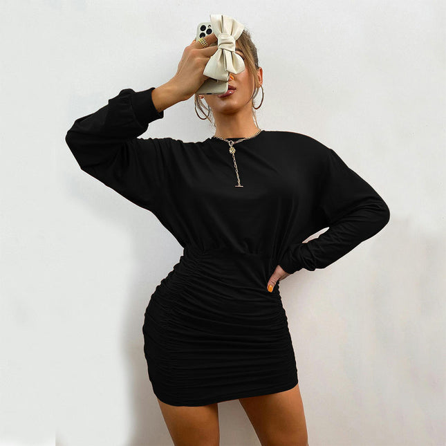 Womens Bodycon Mini Dresses Casual Long Sleeve Solid Color Ruched Casual Dress