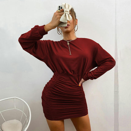 Womens Bodycon Mini Dresses Casual Long Sleeve Solid Color Ruched Casual Dress