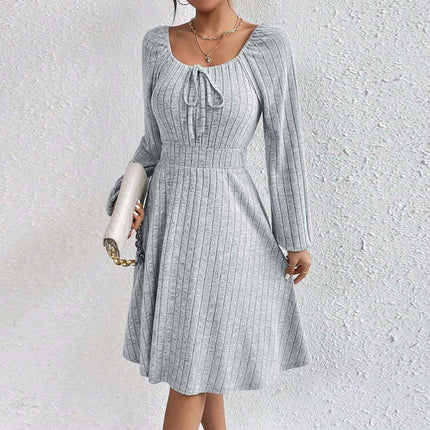 Womens Fall Square Neck Long Sleeve Dresses Casual A Line Knit Sweater Dress