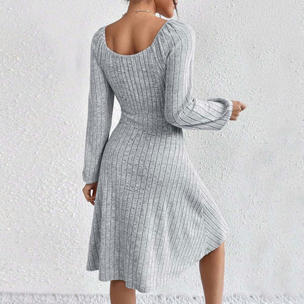 Womens Fall Square Neck Long Sleeve Dresses Casual A Line Knit Sweater Dress