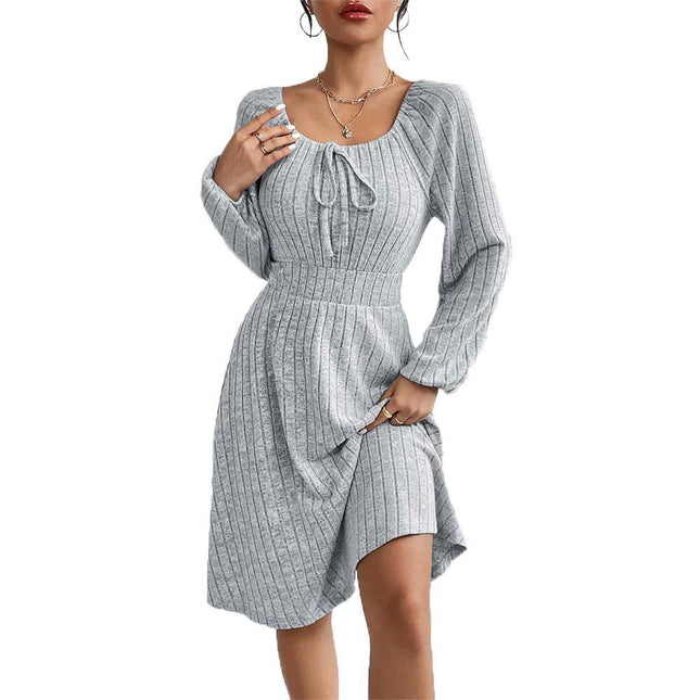 Womens Fall Square Neck Long Sleeve Dresses Casual A Line Knit Sweater Dress