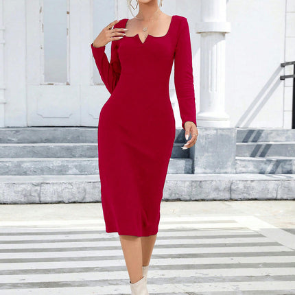 Women's Bodycon Dress Sexy Long Sleeve Square Neck Split Cocktail Party Midi Dress