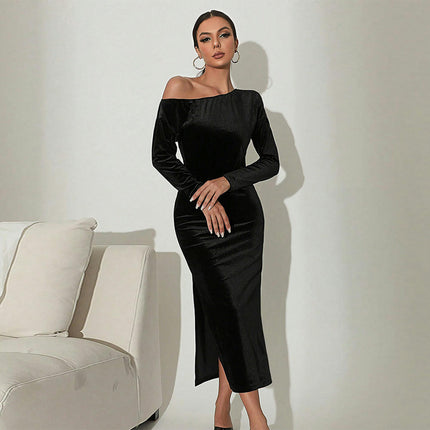 One Shoulder Long Sleeves Velvet Midi Dress for Women Elegant Prom Party Gowns with Slit