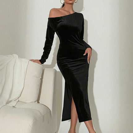 One Shoulder Long Sleeves Velvet Midi Dress for Women Elegant Prom Party Gowns with Slit