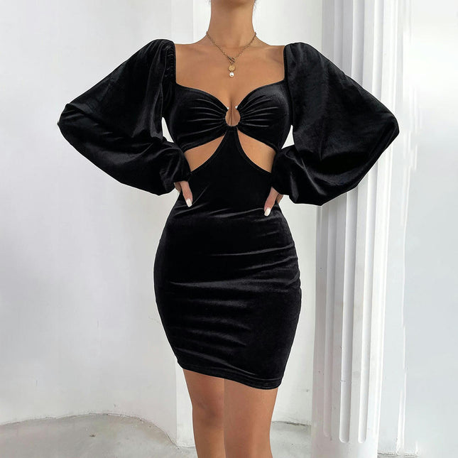 Womens Sweetheart Neck Cut Out Velvet Long Sleeve Bodycon Ruched Cocktail Party Mini Dresses