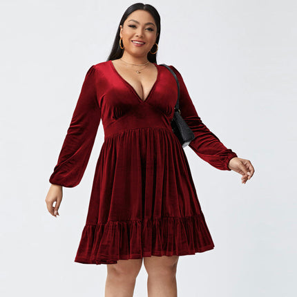 Women's Plus Size Velvet Long Sleeve Cocktail Dress V Neck Mini Party Dress