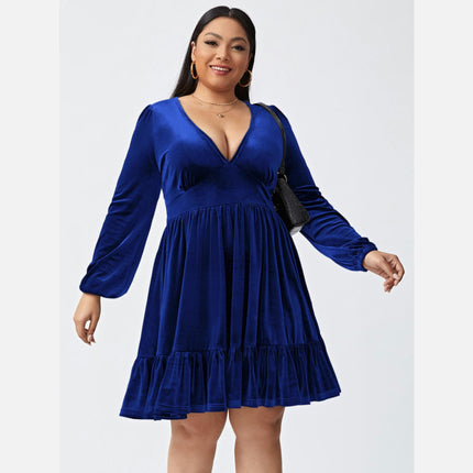 Women's Plus Size Velvet Long Sleeve Cocktail Dress V Neck Mini Party Dress