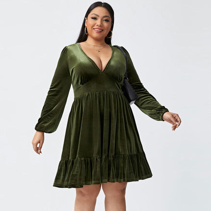 Women's Plus Size Velvet Long Sleeve Cocktail Dress V Neck Mini Party Dress