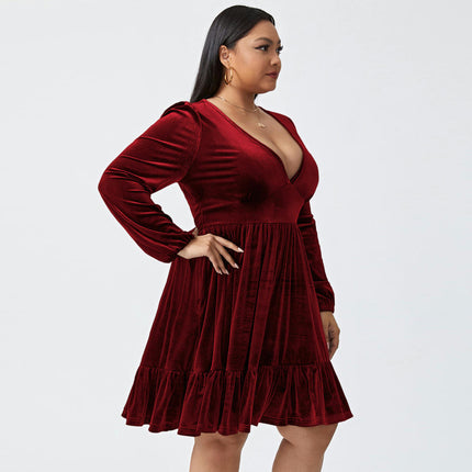 Women's Plus Size Velvet Long Sleeve Cocktail Dress V Neck Mini Party Dress