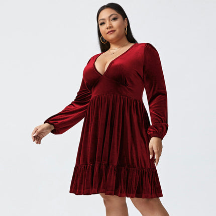 Women's Plus Size Velvet Long Sleeve Cocktail Dress V Neck Mini Party Dress