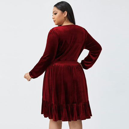 Women's Plus Size Velvet Long Sleeve Cocktail Dress V Neck Mini Party Dress