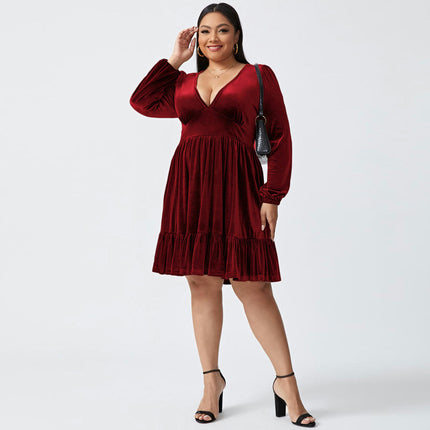 Women's Plus Size Velvet Long Sleeve Cocktail Dress V Neck Mini Party Dress