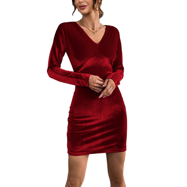 Womens V Neck Long Sleeve Mini Dress Elegant Velvet Bodycon Cocktail Party Dresses