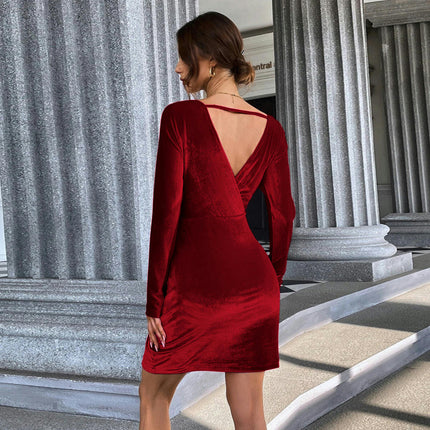 Womens V Neck Long Sleeve Mini Dress Elegant Velvet Bodycon Cocktail Party Dresses