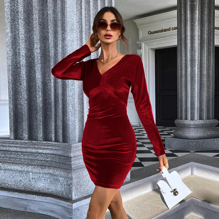 Womens V Neck Long Sleeve Mini Dress Elegant Velvet Bodycon Cocktail Party Dresses