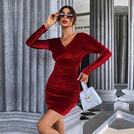 Womens V Neck Long Sleeve Mini Dress Elegant Velvet Bodycon Cocktail Party Dresses